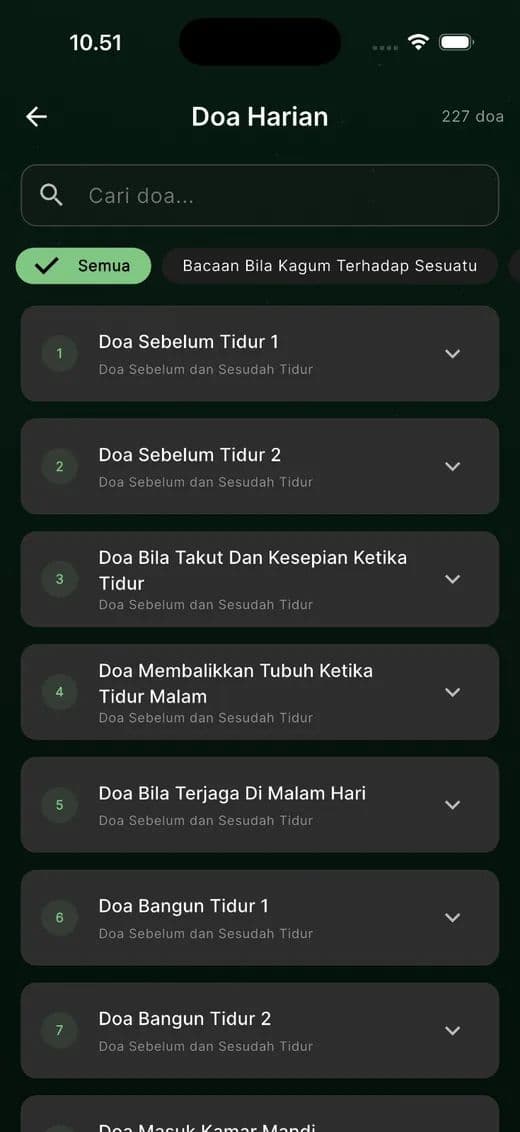 Layar Doa Harian iMosque: daftar doa dengan kolom pencarian