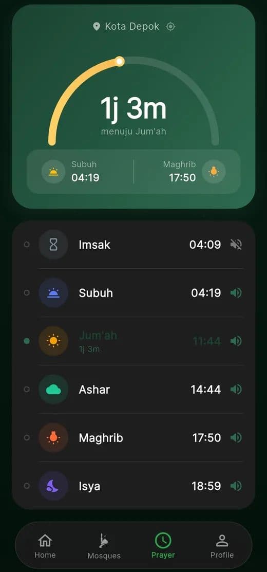 Layar jadwal salat iMosque: hitung mundur menuju Jumat dan daftar waktu salat Kota Depok