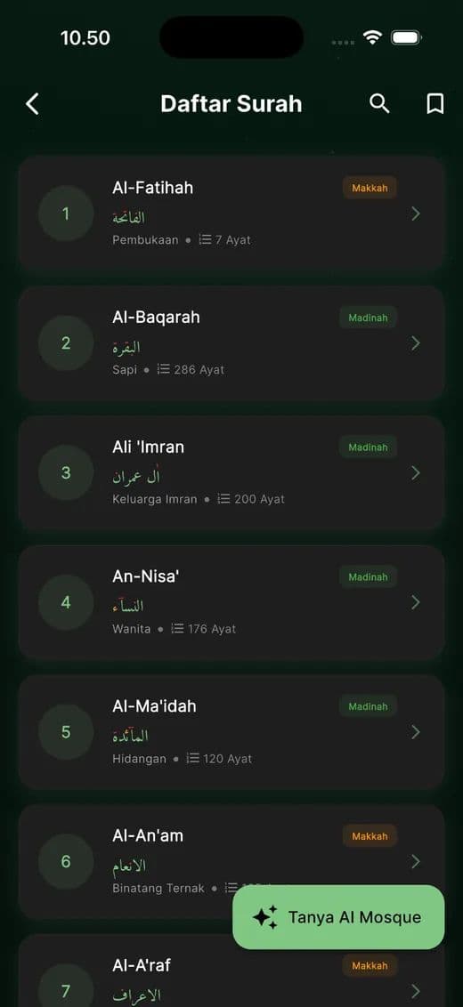 Layar Daftar Surah iMosque: daftar surah Al-Qur'an dengan teks Arab dan jumlah ayat